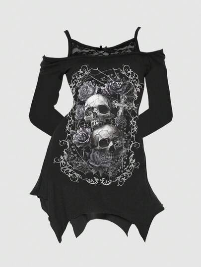 Goth Camiseta de manga larga negra con estampado asimétrico de calavera y rosa, escote descubierto, encaje, para chicas góticas de talla grande