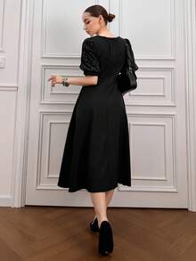 DAZY Women's Round Neck Rhinestone Embellished Short Sleeve Waist Cinched Elegant Long Dress Spring Sundress - Black - View 3