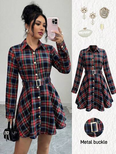 SHEIN Elenzya Women's Red Multi-Color Plaid Shirt Collar Belted A-Line Mini Dress, Elegant And Sophisticated, Suitable For Birthday, Date, Party, Christmas, Independence Day, Singles' Day, Back To School, Singles' Party, Christmas Eve, Thanksgiving, Halloween, Carnival, Diwali, New Year Gifts, Travel, Casual Street Style, Autumn Dress, Autumn/Winter New Essential Fashion Item, Petite Design, Versatile Long Sleeve Belted A-Line Short Dress