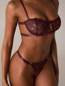 SHEIN BAE Women's Sexy Lace Lingerie Set Including Underwire Bra And Thong Panties - Coffee Brown - View 6