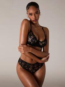 SHEIN BAE 2pcs Romantic Lace Sheer Sexy Lingerie Set - Black - View 6