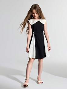 Maija Kids Maija Kids Vestido Casual Fofo de Gola Peter Pan Sem Mangas com Contraste Preto e Branco Jacquard para Meninas Pré-Adolescentes - Preto e Branco - Visão 3