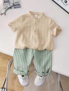 SHEIN 2件套男婴休闲学院风灰色立领衬衫和条纹松紧腰裤套装，适合生日派对、晚宴、演出、婚礼、迎婴派对、一周岁生日庆祝等场合。 - 彩色 - 查看 6