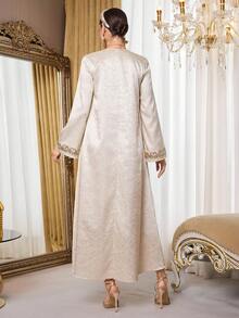 Al Najma Đầm nữ cổ chữ V thêu hoa, dáng rộng, thoải mái, thích hợp dự tiệc và du lịch, tay loe kiểu Ả Rập. - Màu be - Xem 3