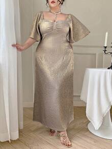Dazy Plus Sequin Ruched Bust Puff Sleeve Waist Cinched Maxi Party Dress, Elegant & Slimming, Spring/Summer - Gold - View 3