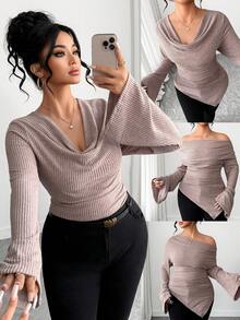 SHEIN Tall CURVE 大码优雅柔软绒毛针织喇叭袖T恤，适合高个女性 - 淺粉色 - 查看 5