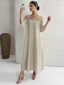 Yasmyna 女士花卉刺绣网纱拼接休闲宽松派对旅行长袖阿拉伯连衣裙 - 杏色 - 查看 5