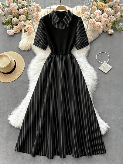 GlowEve CURVE Plus Size Women Striped Patchwork Short Sleeve Casual Commuter Dress