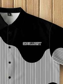 Manfinity Hypemode Plus Size Loose Short Sleeve Shirt,Black And White Striped,Summer,Streetwear,Holiday,Vacation,Asymmetrical Color Block Patchwork Texture Casual Print - Black - View 3