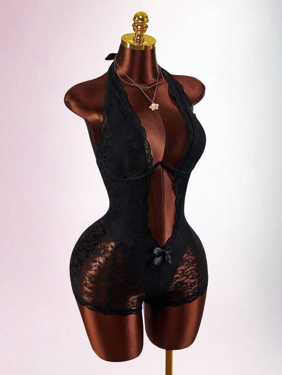 Amplova Y2K 女士镂空蝴蝶结装饰蕾丝性感吊带连体衣女式连体衣性感网纱紧身衣夏季度假装情人节度假装女式夏季 - 黑色 - 查看 1