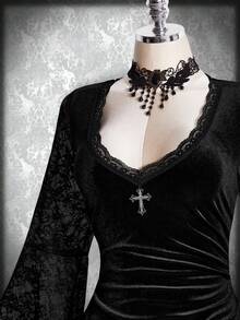 SHEIN ICON Váy xòe tay loe phối ren chắp vá cỡ lớn cho nữ - màu đen - Xem 4