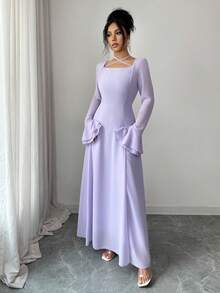 Modelyn 1件女士优雅精致时尚喇叭袖方领藏蓝色连衣裙长款女装 - 紫色 - 查看 4