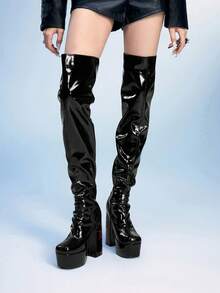 Sugerpunk Giày bốt cao gót đế vuông mũi vuông dày chống thấm nước cho nữ, thêu hình mạng nhện, chất liệu PU đen mịn, thời trang thoải mái khi đi tiệc và hộp đêm, kiểu dáng xỏ ngón - màu đen - Xem 4