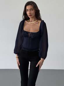 Aloruh Ruched Gathered Waist Flared Hem Textured Fabric Long Sleeve Blouse For Women - Blue - View 4