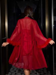 SilkySpell Women's Sexy Feather Satin Robe, High Slit Slip Dress, Alluring Sleepwear Set Red Lingerie Dress Red Satin Pajamas Women Red Night Gown - Burgundy - View 3