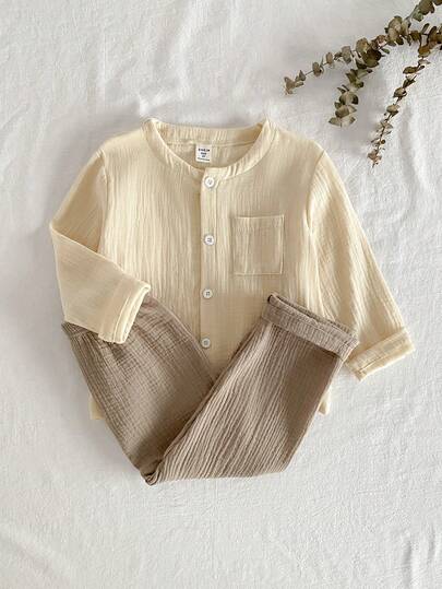 2pcs Young BoySoft & Comfortable Apricot Solid Color Minimalist Long Sleeve Cardigan Top And Khaki Casual Pants Homewear Set Matching Kids Pajamas Young Boys Matching Set Brother Matching Outfits Kids Collar Neck Unisex Long Pajama Sets Cotton Dad And Son Matching Outfits Boy Shirt Set Toddler Boy Clothes Vintage Clothes Long Sleeve Shirt