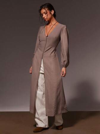 Athîral Dam enfärgad lanternärmad enkelknäppt lång cardiganskjorta för avslappnad bruk