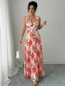 SHEIN Elenzya 无袖系带A字开衩印花优雅浪漫连衣裙，细节精致，适合度假穿着。 - 彩色 - 查看 3