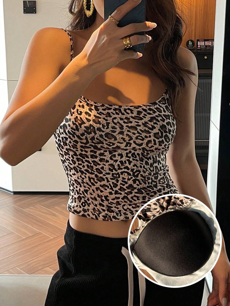 DAZY Camiseta de tirantes acolchada con estampado de leopardo para mujer - Caqui - Ver 1