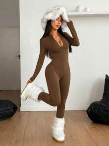 SHEIN PETITE Bộ jumpsuit nữ dáng nhỏ nhắn, màu trơn, khóa kéo phía trước, tay dài, cổ đứng, kiểu dáng thường ngày, thích hợp cho mùa thu/đông. - màu nâu - Xem 4