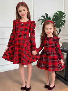 SHEIN Serisse Kids Tween Girls Cute Elegant Back 3D Bow Decoration Dress, Casual Simple Elegant Red Plaid Dress, , Birthday Dress, Princess Dress, Tween Girls Christmas Dress, Teen Clothing, College Dress,Bow Dress, Long-Sleeved Dress, Winter Dress - Red - View 4
