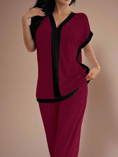 Lazeform 2pcs Women Knit Casual Colorblock V-Neck Short Sleeve Top And Pants Pajama Set Burgundy Pajama Set V Neck Pajama Set