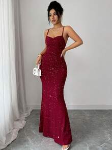 Elenzga petite 女士无袖红色亮片褶皱腰身连衣裙，性感优雅简约魅力浪漫派对装，适合晚宴约会、派对、情人节、春夏穿着。 - 紅色 - 查看 3