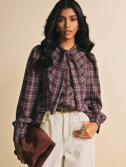 Poéselle Camisa casual de mujer de manga larga, de solapa anudada, de un solo pecho y a cuadros