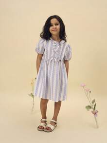 SUMWON 女童泡泡袖条纹彼得潘领A字迷你连衣裙，带蝴蝶结装饰，春夏休闲复古风短裙，适合节日、场合、假期穿着 - 藍色 - 查看 5