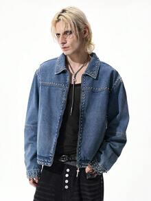 ROMWE MEN Street Life Men's Casual Rivet Zipper Front Drop Shoulder Denim Jacket - Blue - View 5