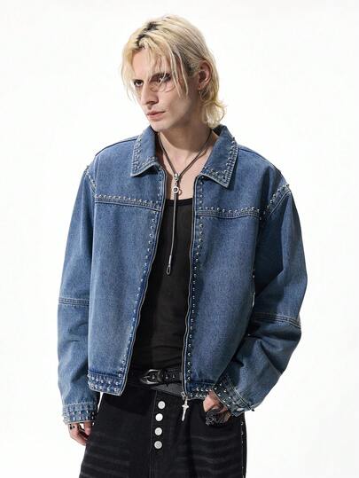 Street Life Giacca di jeans casual da uomo con cerniera frontale e rivetti, spalle a caduta