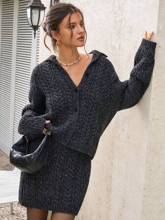 Cévolie Women's Drop Shoulder Long Sleeve Single-Breasted Knitted Cardigan And Knitted A-Line Skirt 2 Pieces Set, Fashionable