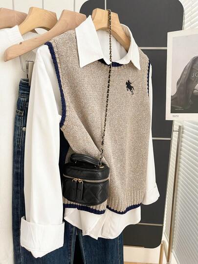 Franclia Plus Size Contrast Color Trim Casual Knit Sleeveless Sweater Vest