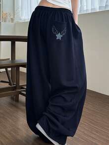 DAZY 女士弹力腰带口袋翼形刺绣图案休闲百搭日常运动裤，秋冬款