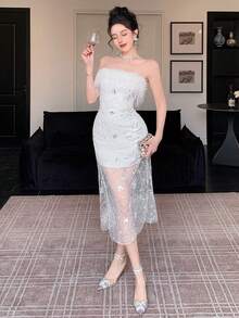 DAZY Women's Sequin Mesh Sleeveless Slit Dress, Elegant - White - View 6