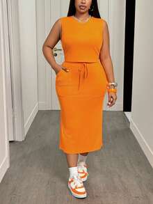 Slaydiva 春夏新款音乐节、复活节、圣帕特里克节、西部风、游牧风、生日派对、波西米亚风、通勤、早午餐、机场穿搭 大码女式纯色圆领背心和半裙套装 两件套半裙套装，夏季穿搭 - 橘色 - 查看 5