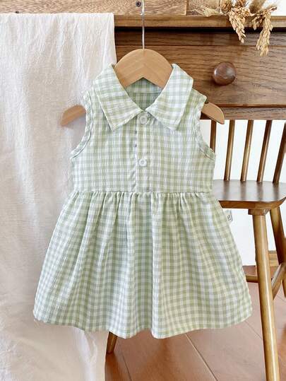 SHEIN Vintaside Kids Söt färgglad rutig ärmlös polokrageklänning för babyflickor, lämplig för shopping och utomhuslek på sommaren