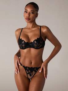 SHEIN BAE Embroidered Mesh Sexy Lingerie Set - Black - View 5