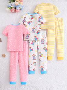 6pcs/Set Girls' Cute Cartoon Print Short Sleeve & Long Pants Knit Snug Fit Pajamas Homewear Set - Multicolor - View 2