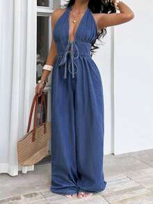 Sunnyshic Women's Fashion Backless Halter Denim Jumpsuit - Blue - View 4