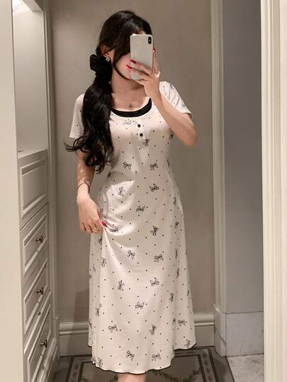 DAZY 少女夏季蝴蝶结波点印花短袖圆领收腰睡裙
