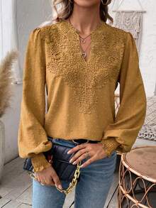 EMERY ROSE Elegant Solid Color Lace Patchwork Keyhole Neck Lantern Sleeve Blouse, Autumn For New Year Clothes Boho Blouses Mustard Top - Mustard Yellow - View 4