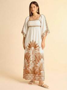 CAJUNI 女士度假休闲波西米亚热带粉色椰子树印花飘逸中袖沙滩长裙 - 彩色 - 查看 3