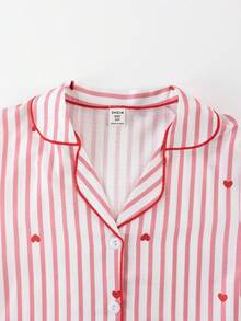 女童时尚可爱条纹爱心印花泡泡绉面料短袖上衣和裤子睡衣套装 - 紅色 - 查看 10