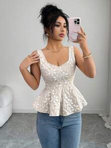 Elenzga 女士夏季时尚清新提花面料褶皱吊带背心，时尚性感夏季度假吊带上衣，适合浪漫约会、狂欢节、复活节、中国新年、情人节等场合。 - 杏色 - 查看 4