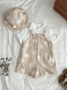 SHEIN 两件套男女宝宝椰树图案连体衣套装，含围兜裤和遮阳帽，春夏服装，宝宝套装，度假装