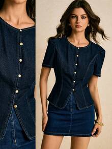Poéselle Áo cánh denim cổ tròn cài nút phía trước màu trơn dành cho nữ - Rửa tối - Xem 1