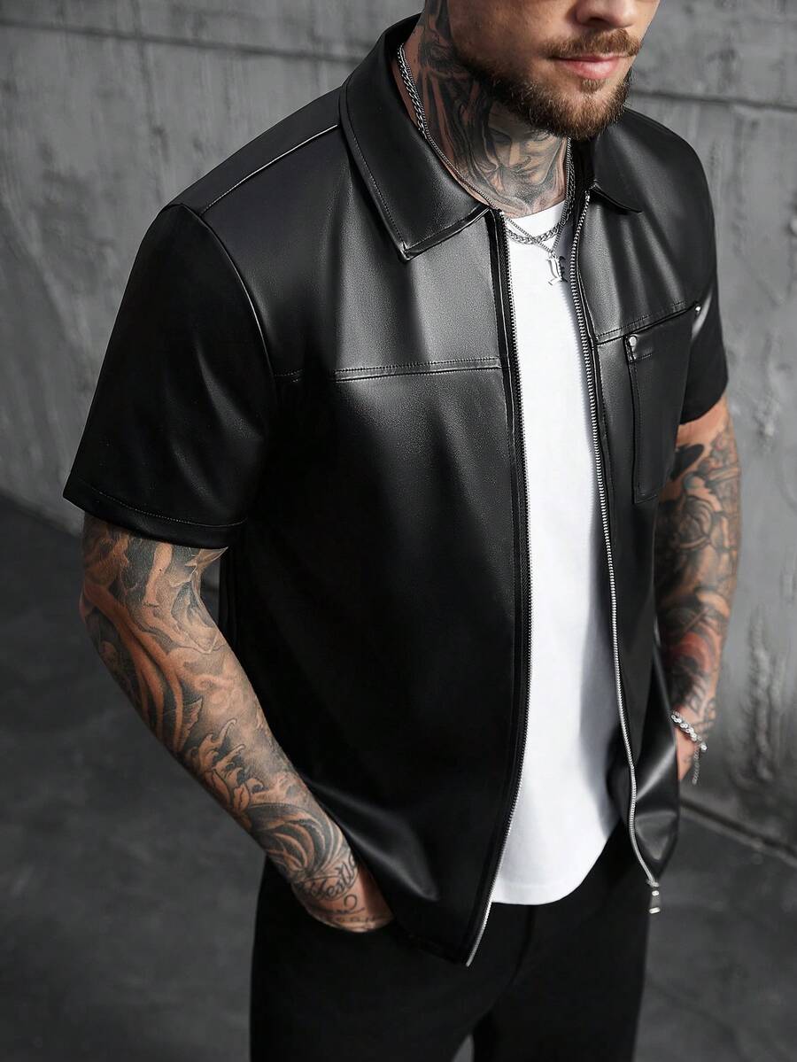 SLATEMANN 男士宽松PU皮拉链短袖衬衫，街头风男士皮衬衫，黑色男士短袖衬衫，拉链衬衫，街头风衬衫，适合周末旅行、户外活动、探险旅行、轻松的工作环境或半正式场合，可作为男友/丈夫礼物、周年纪念/生日礼物、派对、暑假、新年、婚礼、情人节等场合穿着。黑色皮衬衫，拉链衬衫，PU男士衬衫。 - 黑色 - 查看 1