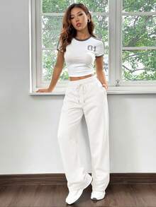 SHEIN EZwear 女士纯白色针织长款运动裤，宽松直筒裤型，带抽绳，舒适百搭。白色运动裤，女士长裤，抽绳裤，女士白色长裤 - 白色 - 查看 5