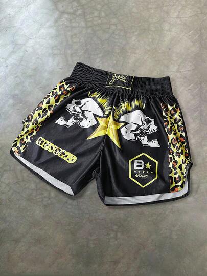 ROMWE MEN Anime Men's Summer Casual Leopard Print Patchwork Skull Graphic Boxing Shorts
